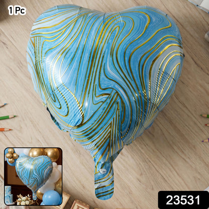 Close-up of Blue Marble Heart Foil Balloon