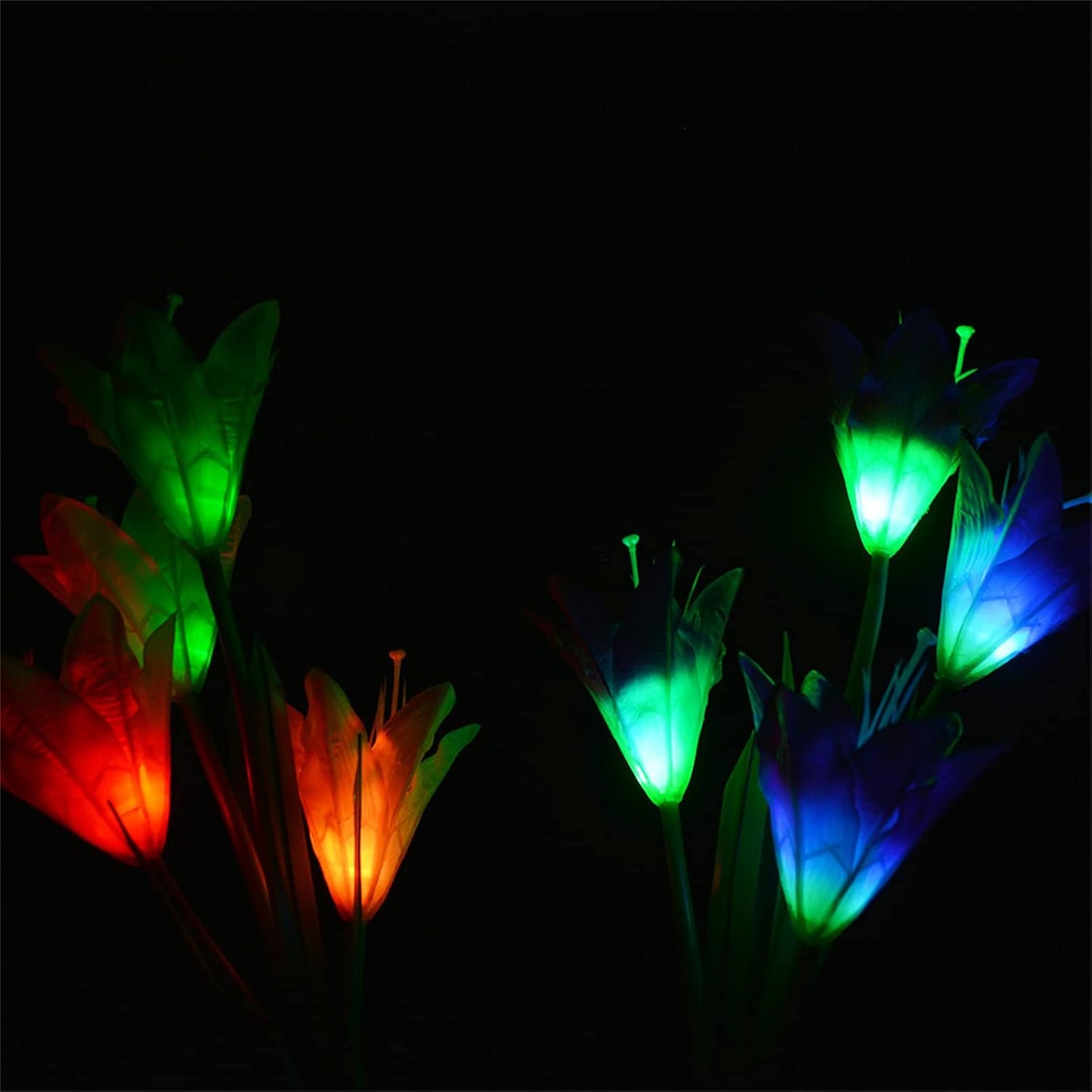 Solar flower LED lights glowing at night