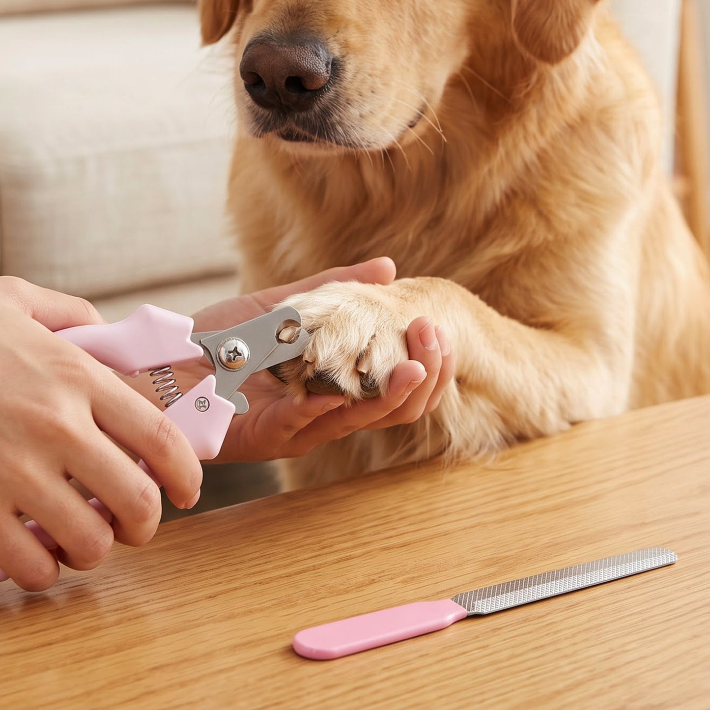 Pet nail clipper and filer grooming set in use