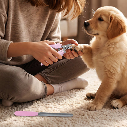 Pet owner using nail clipper on puppy