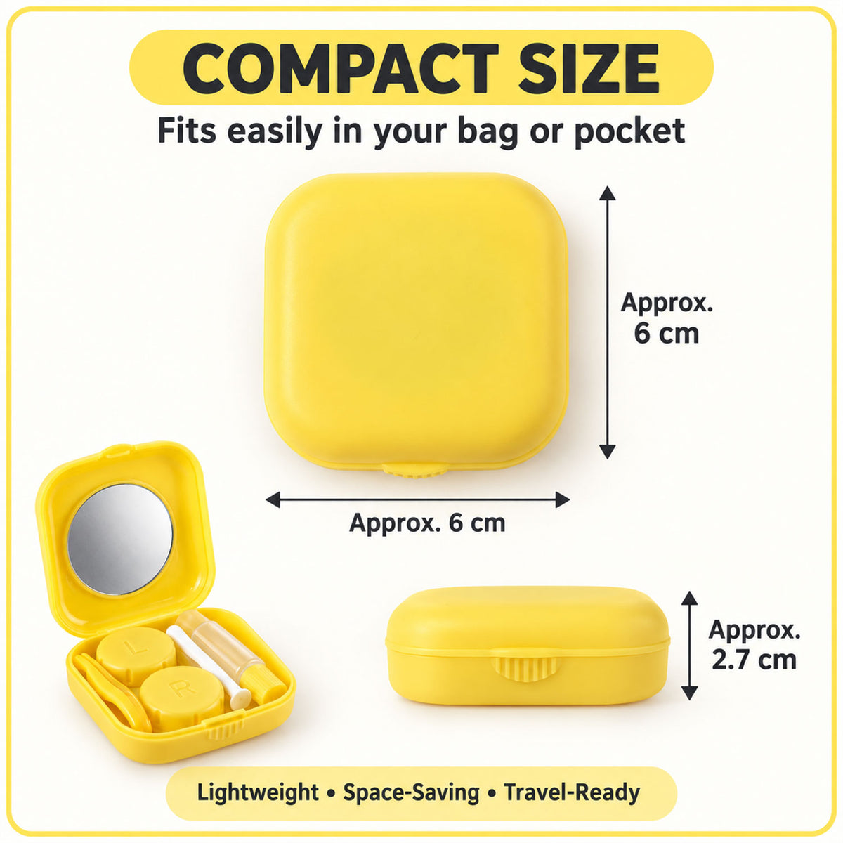 Contact lens case kit with mirror approximate dimensions
