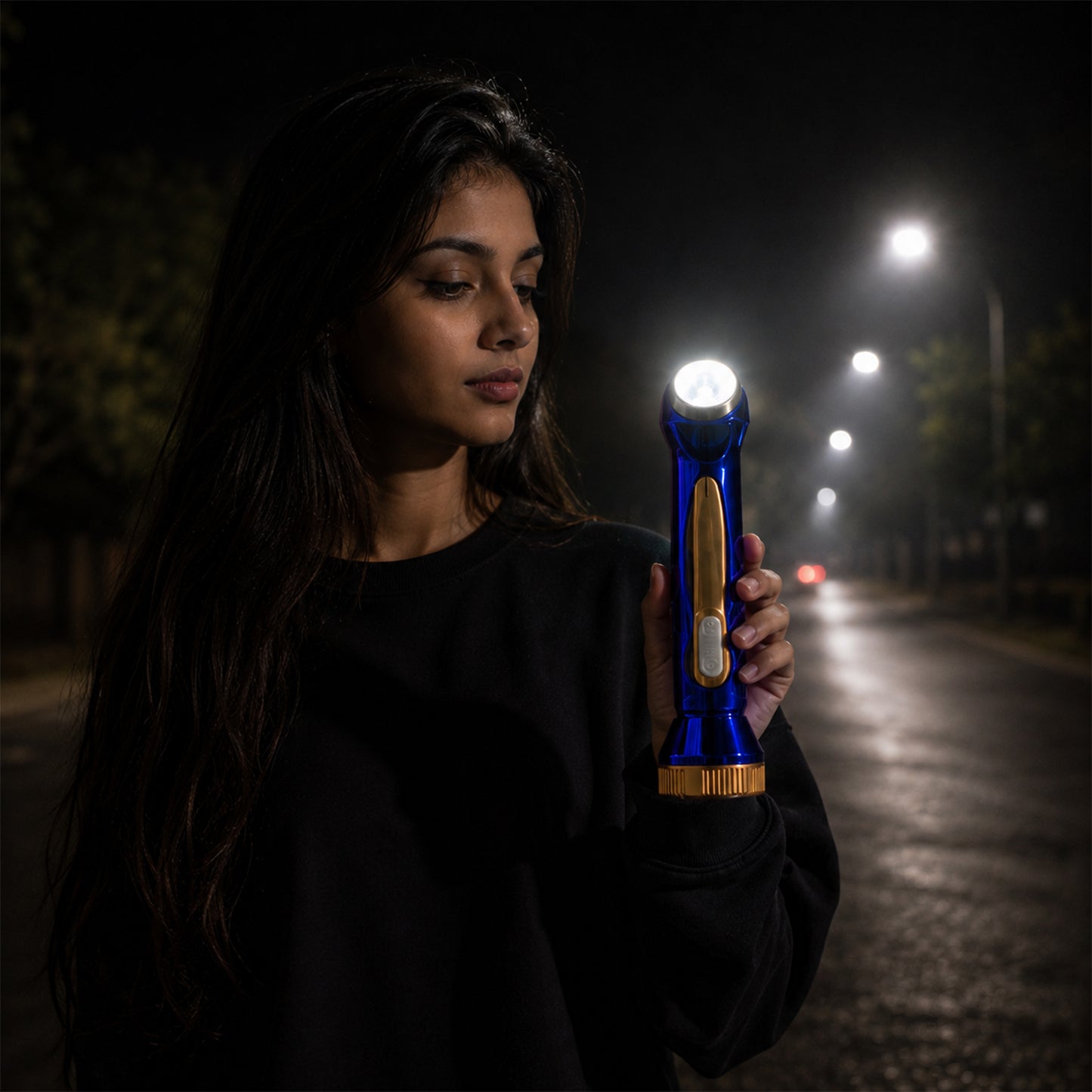 Portable LED flashlight used outdoors at night
