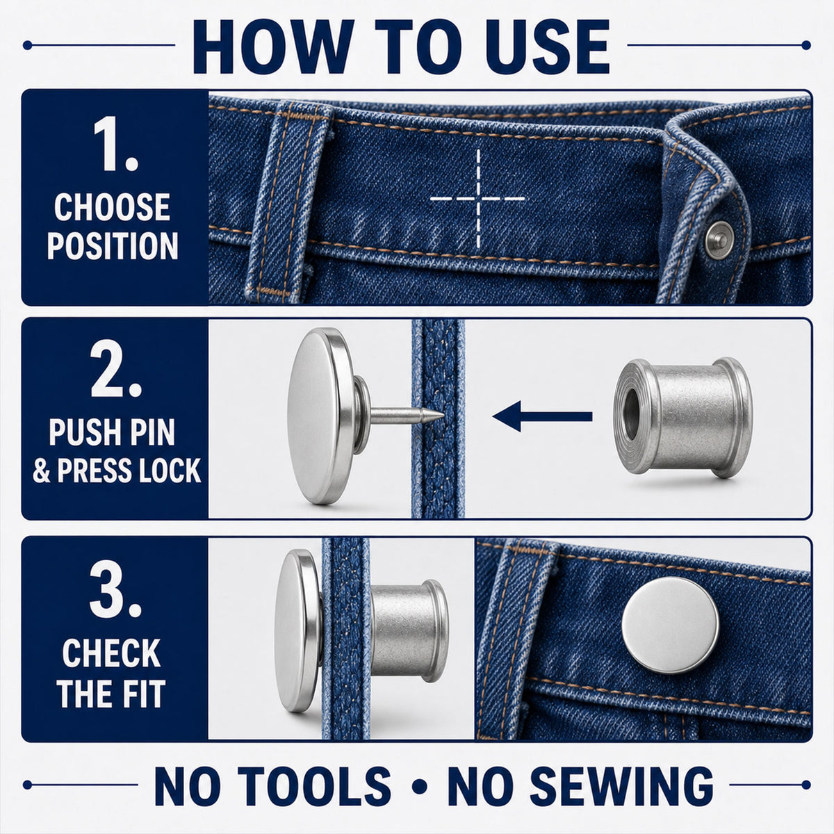 Installation steps for push pin jeans button stud