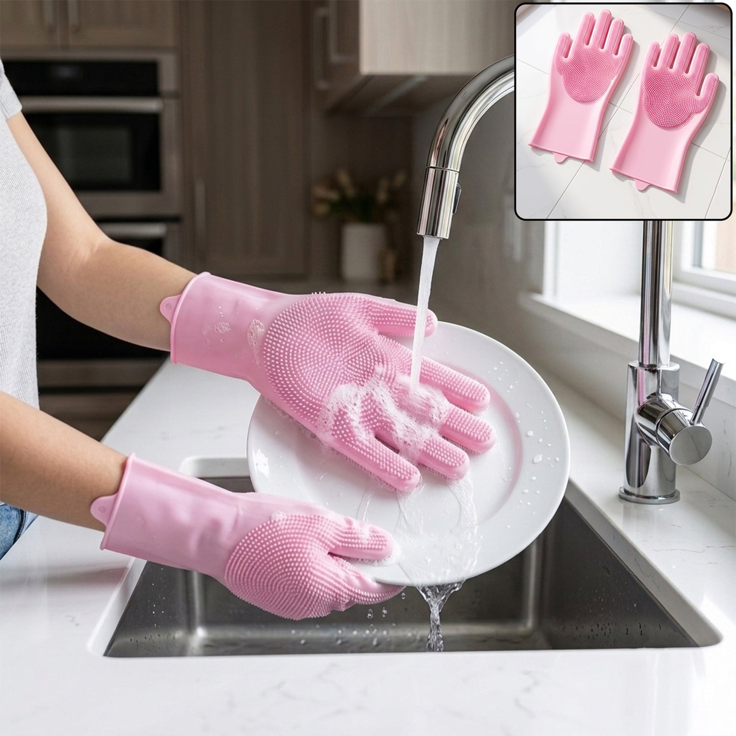 23605 pink silicone cleaning gloves kitchen washing hero