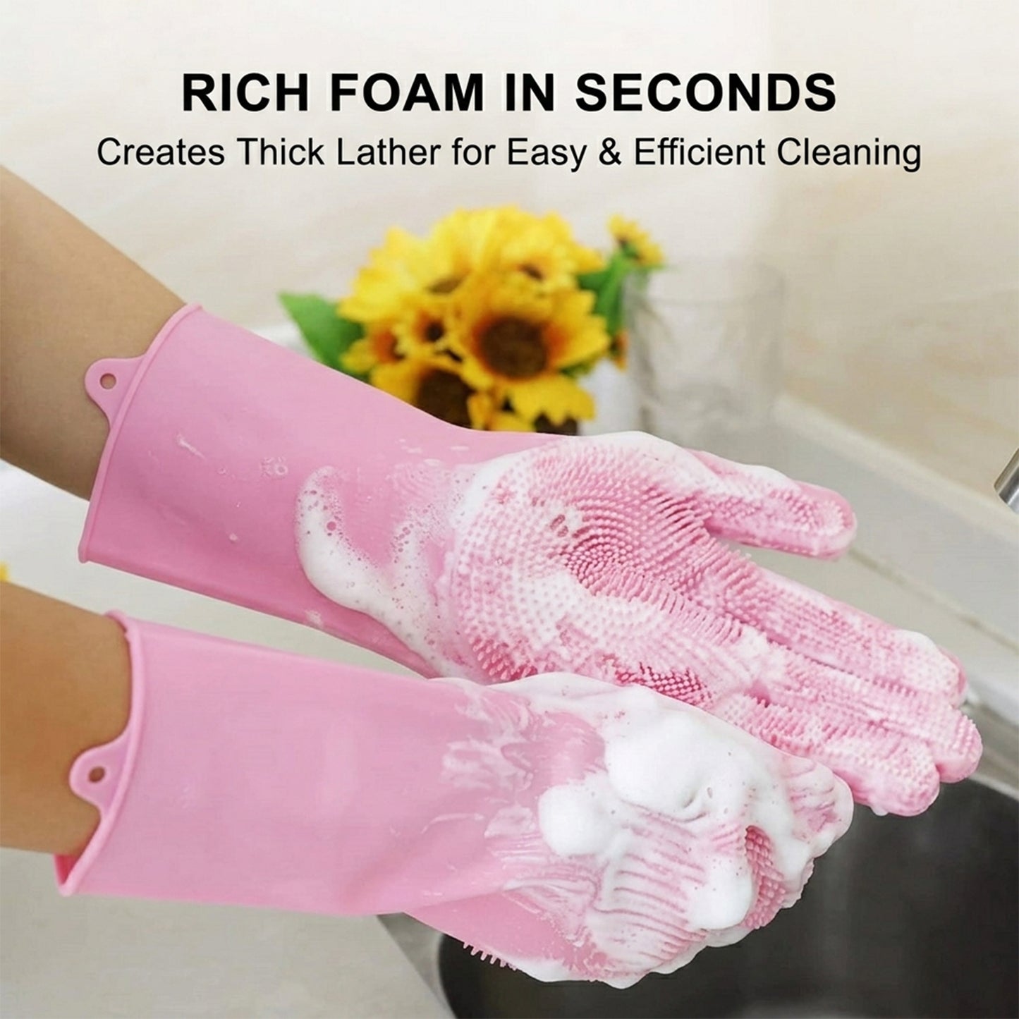 pink silicone cleaning gloves rich foam feature