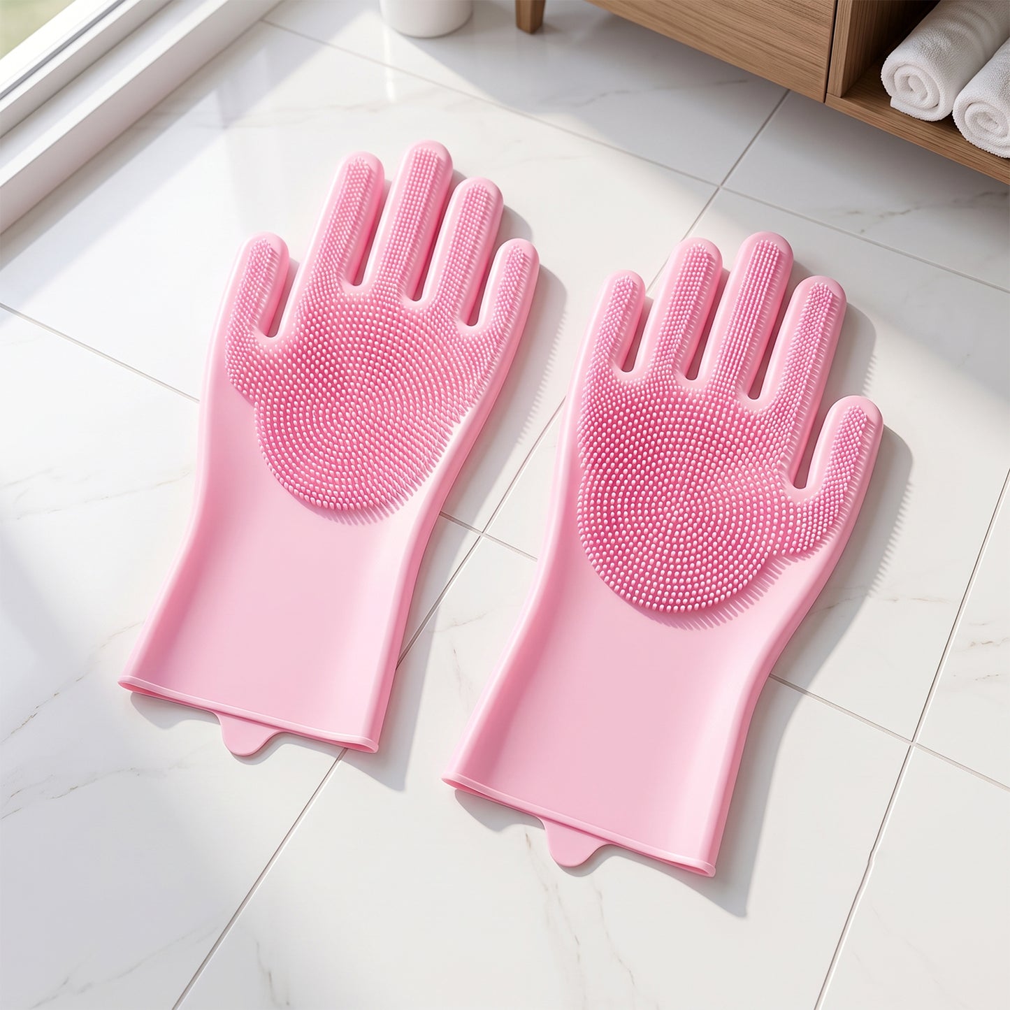 reusable pink silicone cleaning gloves pair