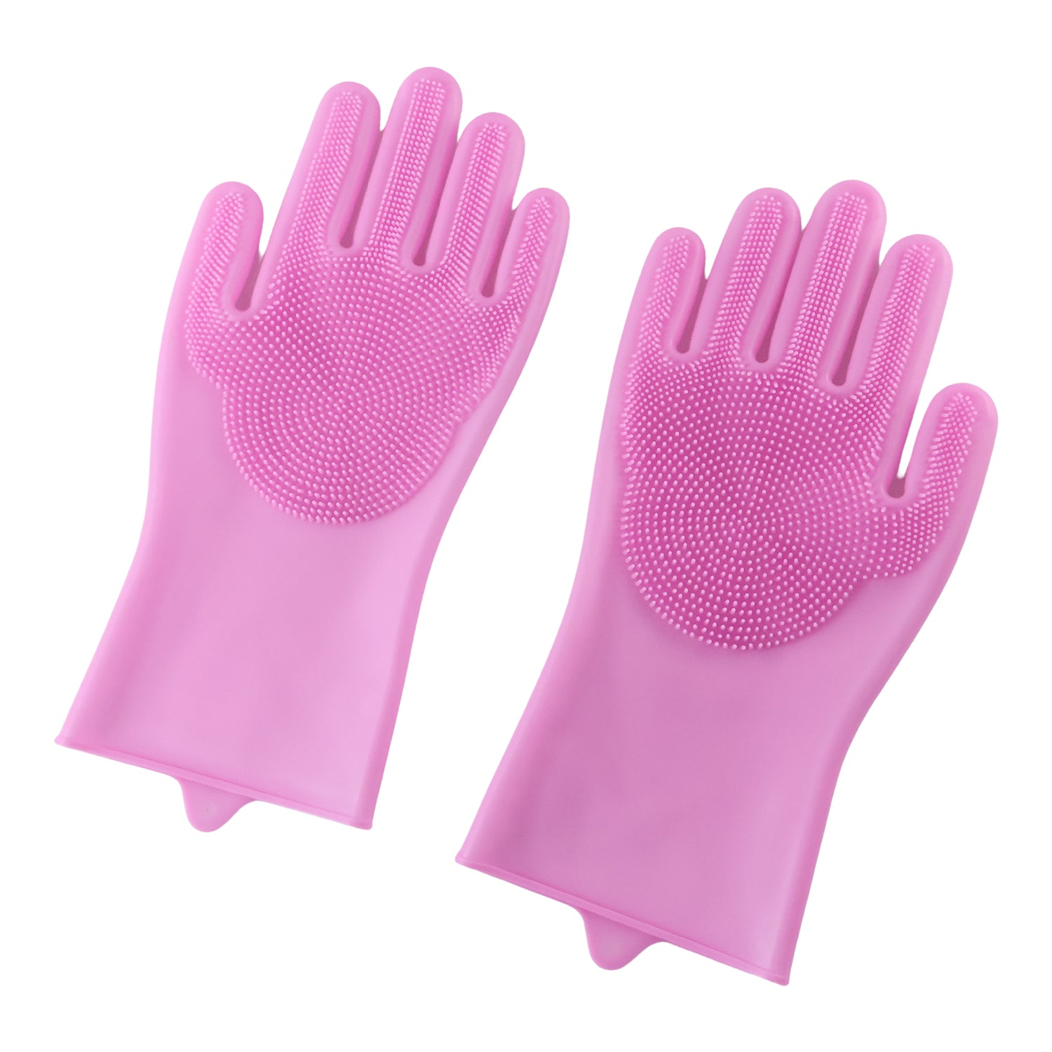 pink silicone cleaning gloves white background