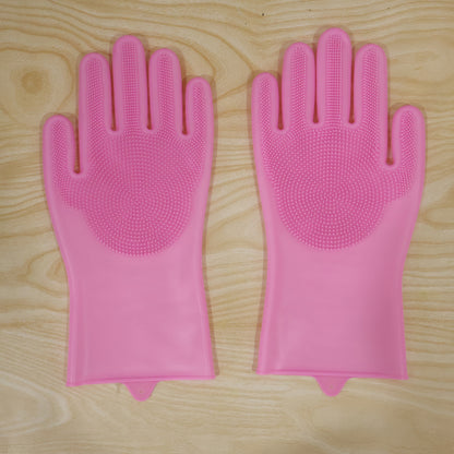 pink silicone cleaning gloves live product photo