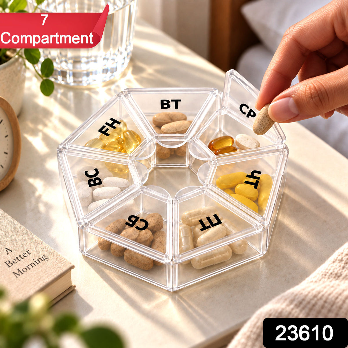 Medicine Pill Box with Clear Flip Lids for Weekly Travel Storage (7 Compartment)