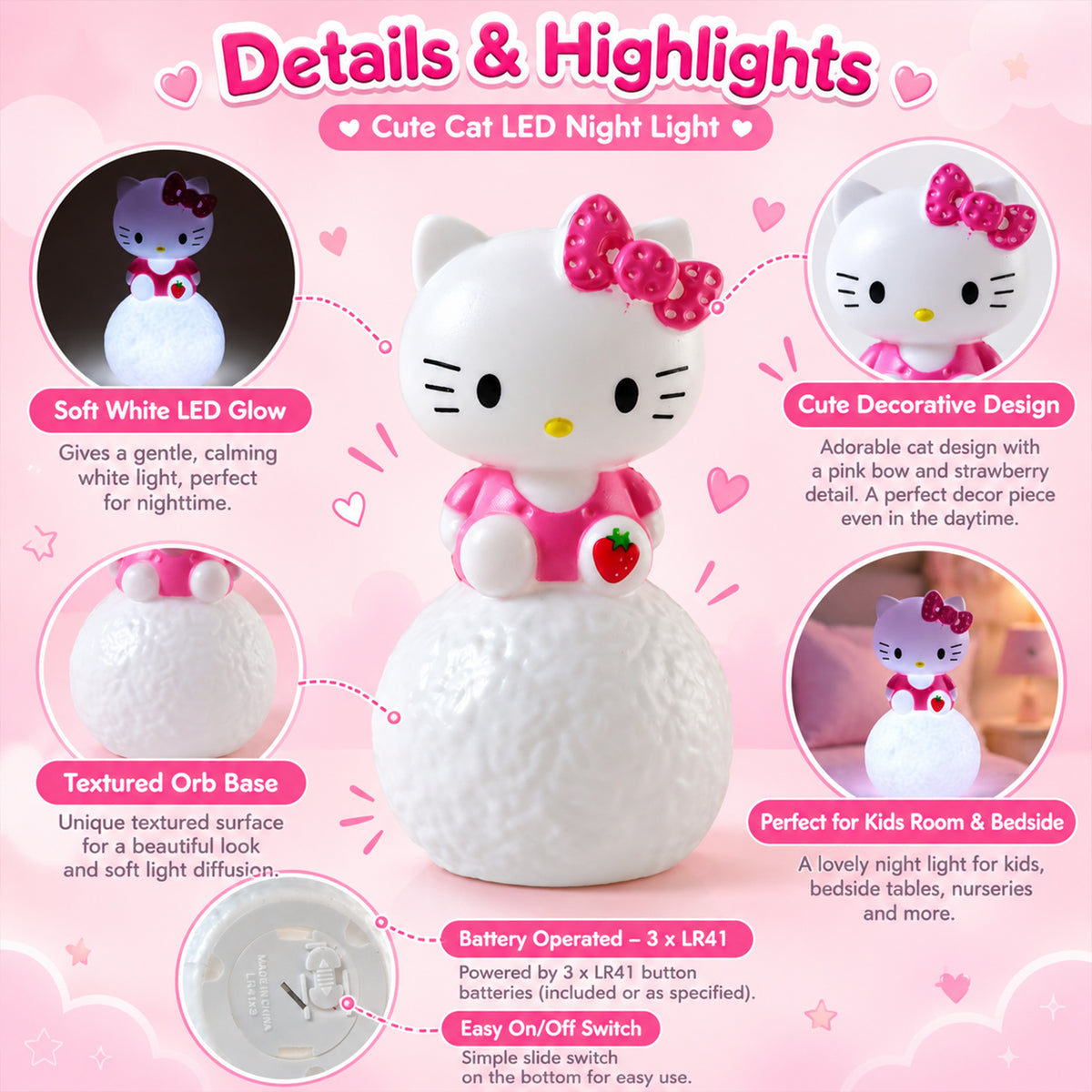 Cartoon cat LED night light - design features