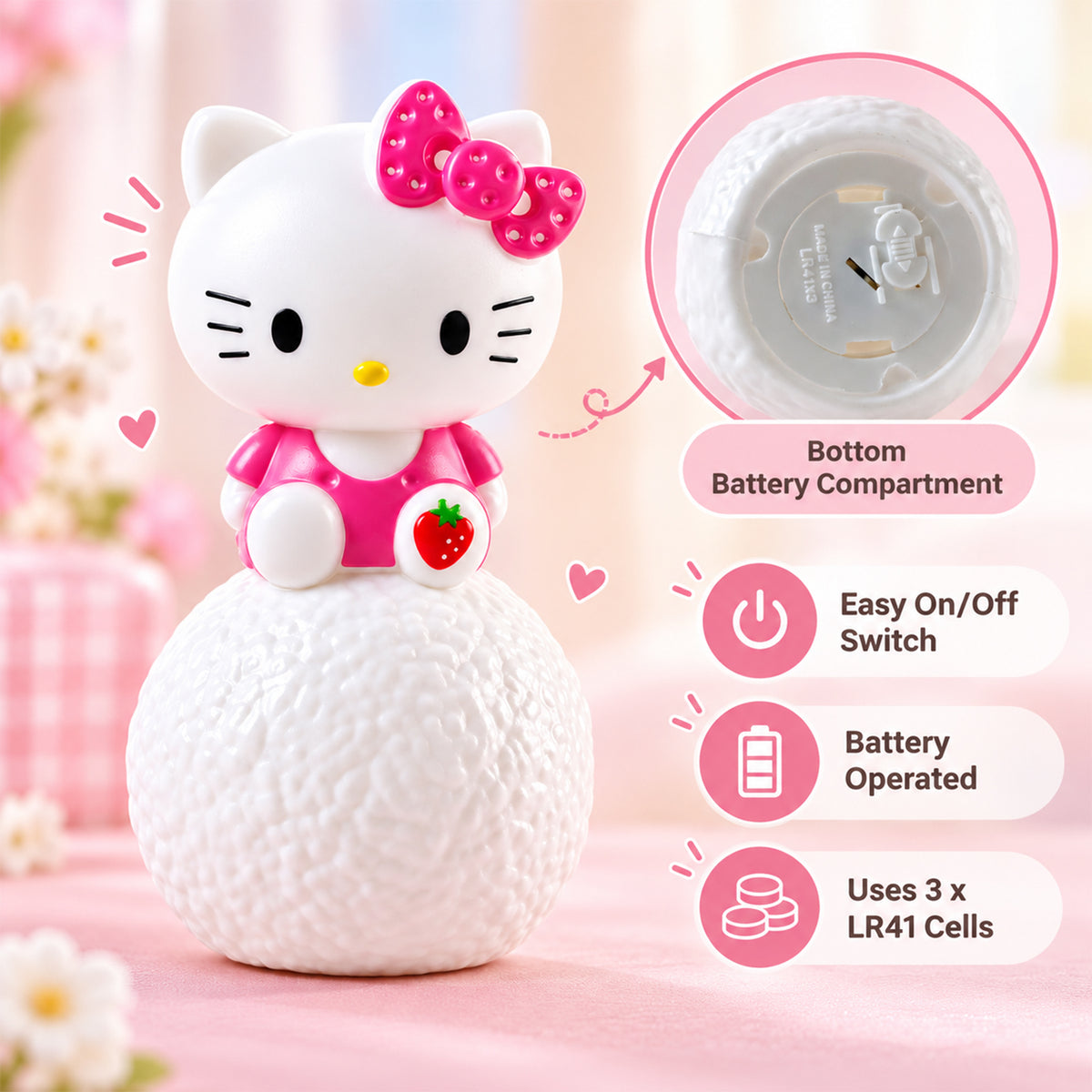 Cartoon cat LED night light - battery and switch details