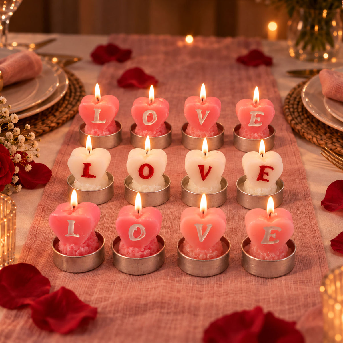 Heart shaped LOVE tealight candles - main display