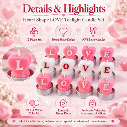 Heart shaped LOVE tealight candles - set features
