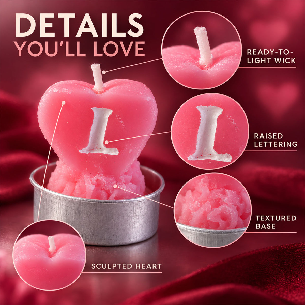 Heart shaped LOVE tealight candles - wick and lettering details