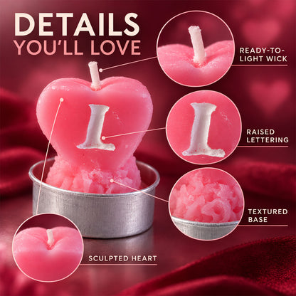 Heart shaped LOVE tealight candles - wick and lettering details