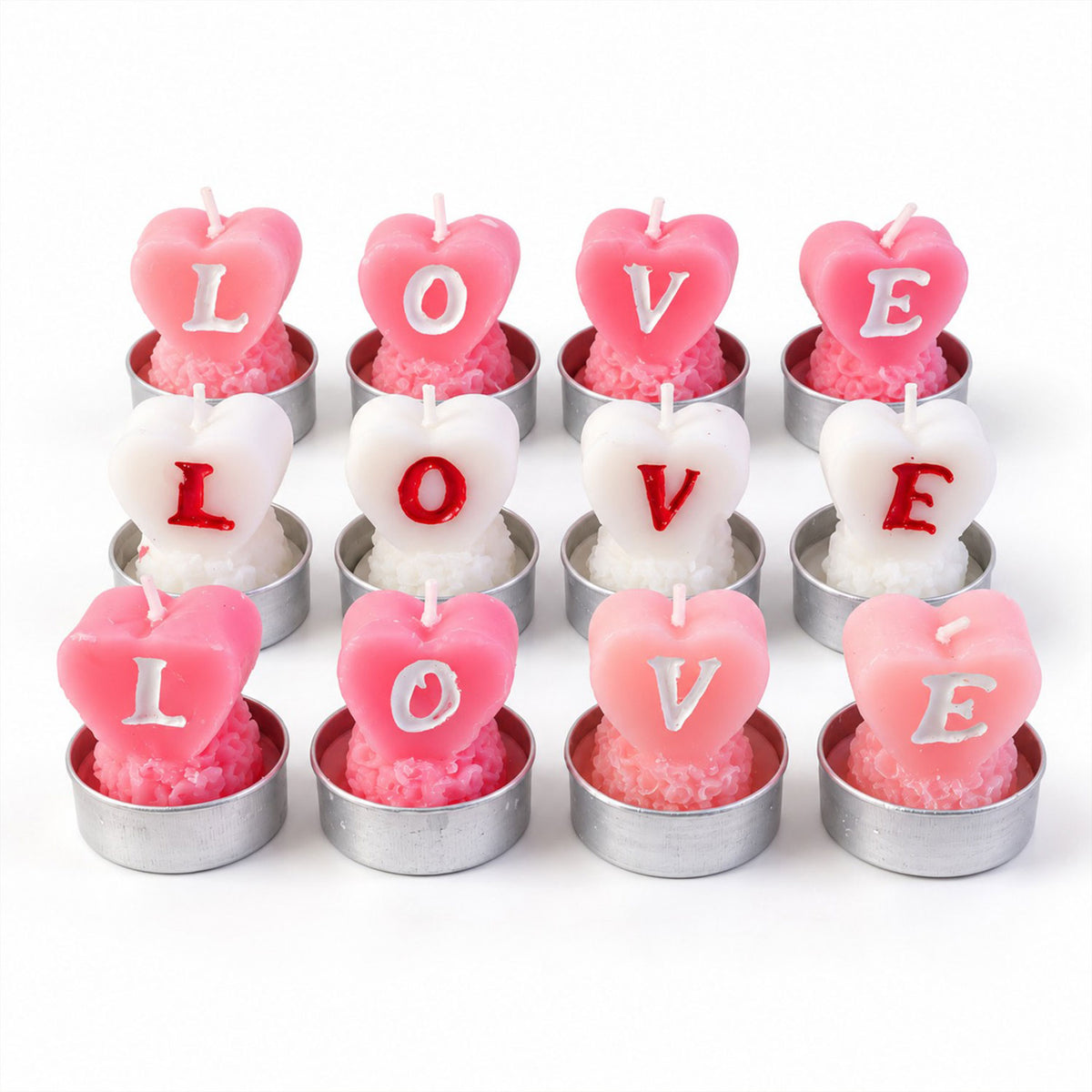 Heart shaped LOVE tealight candles - white background