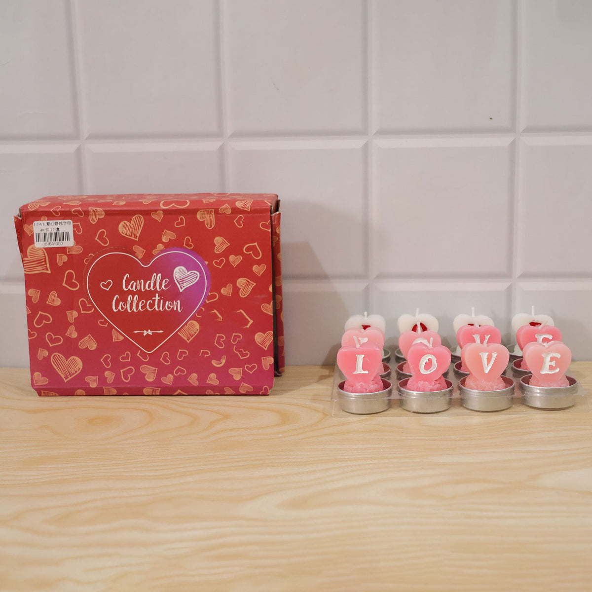 Heart shaped LOVE tealight candles - actual product and box