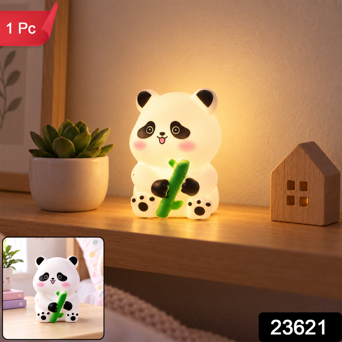 Bamboo panda night lamp with product code 23621 and 1 Pc label