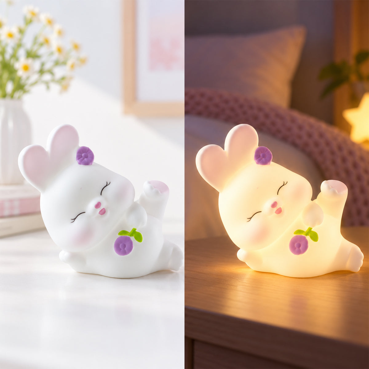 Rabbit lamp shown unlit and glowing