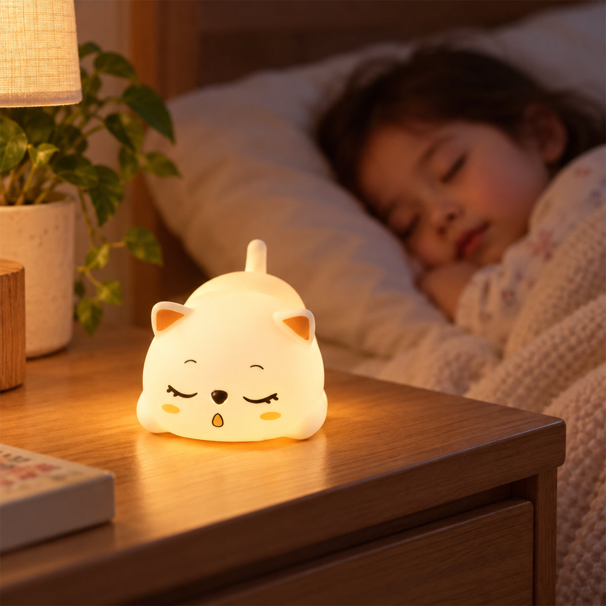 Cat night lamp in a bedside setting