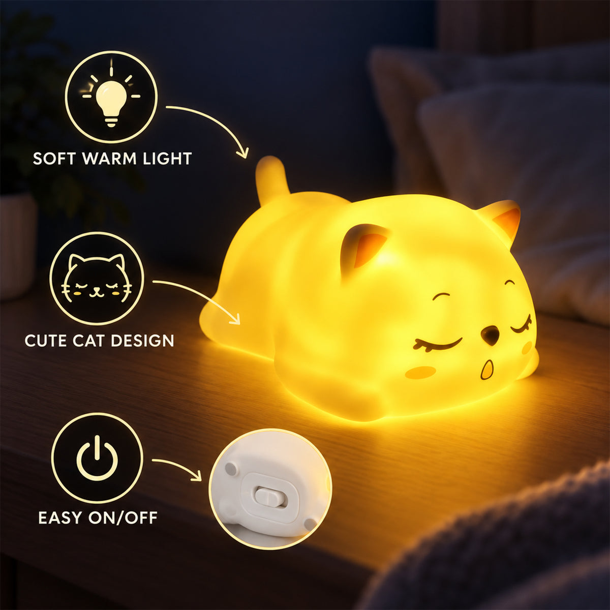 Cat lamp warm glow and on off switch details