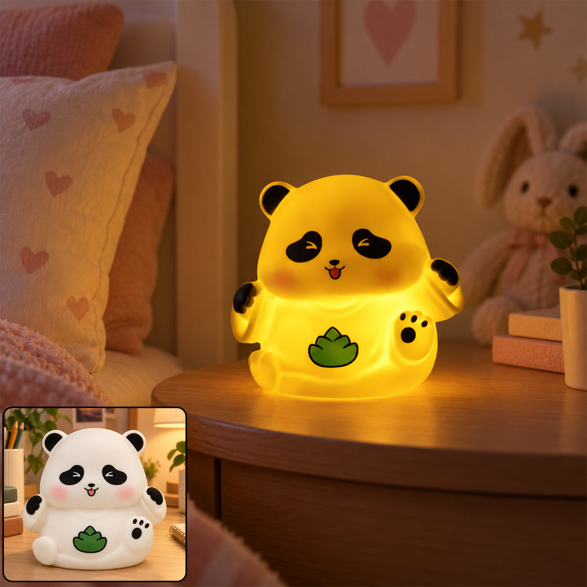 Panda night lamp glowing on a bedside table