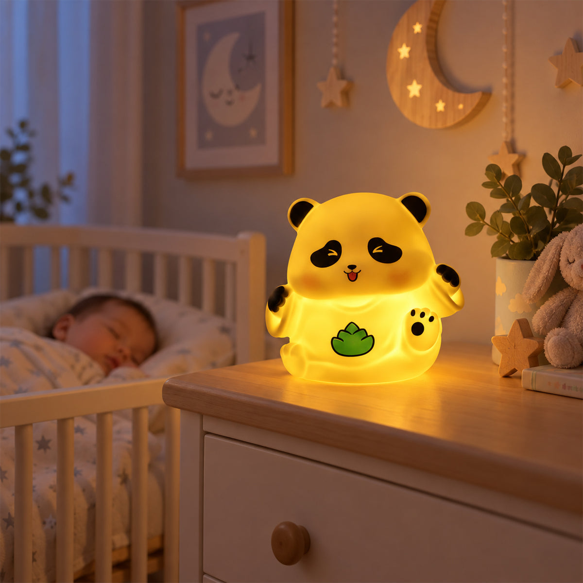 Panda lamp in a bedside room setting