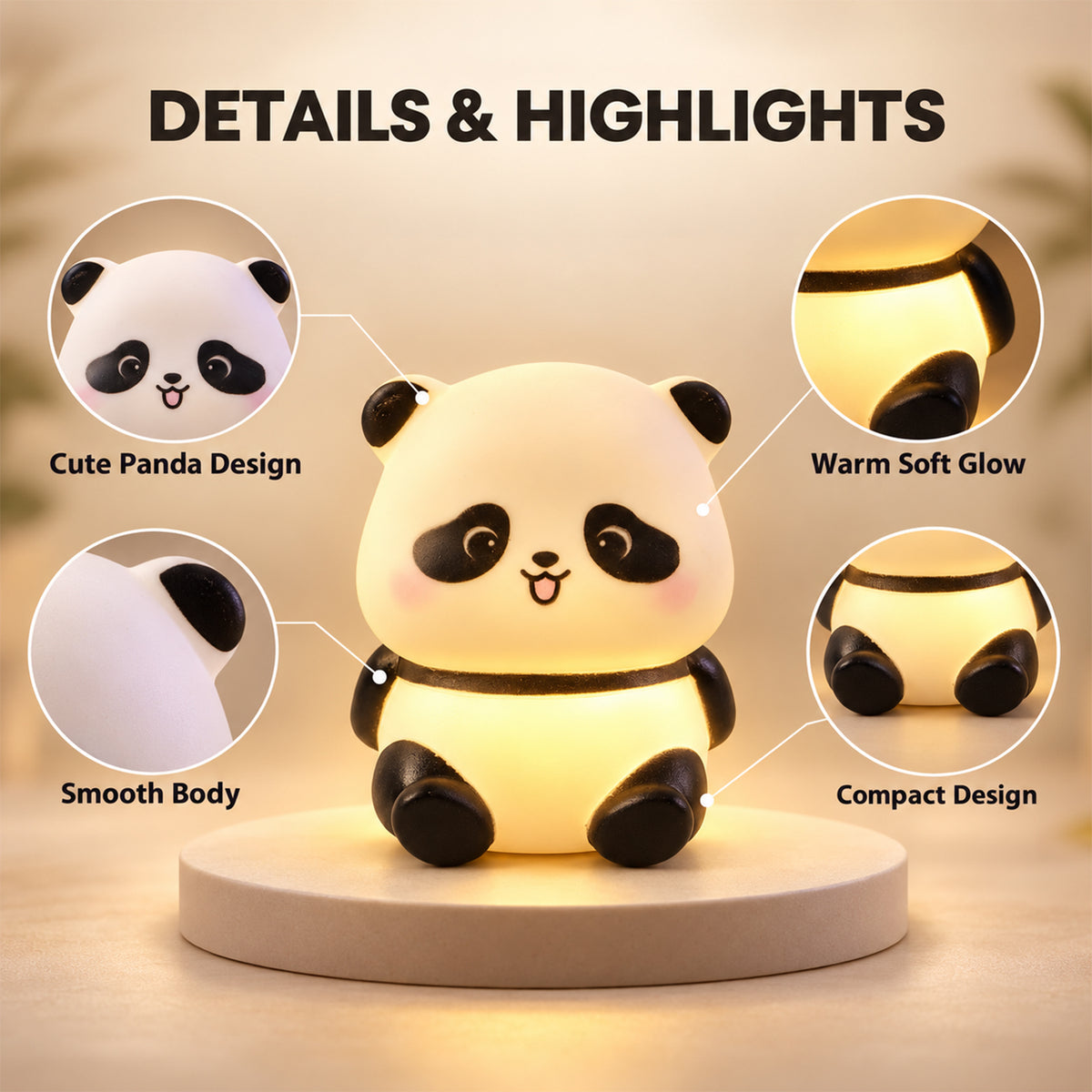 Cute panda night lamp with warm soft glow and compact smooth body