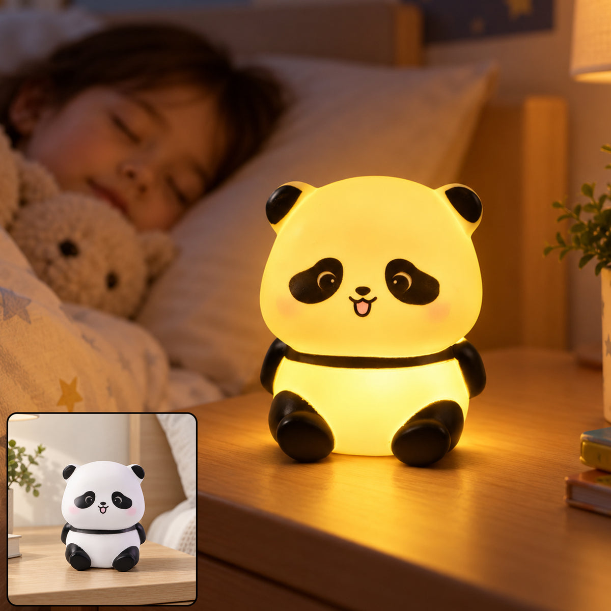 Sitting panda LED night light glowing beside a sleeping child