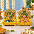 Yellow Laddu Gopal Singhasan with Peacock Handwork for Pooja (2 Pc Set)