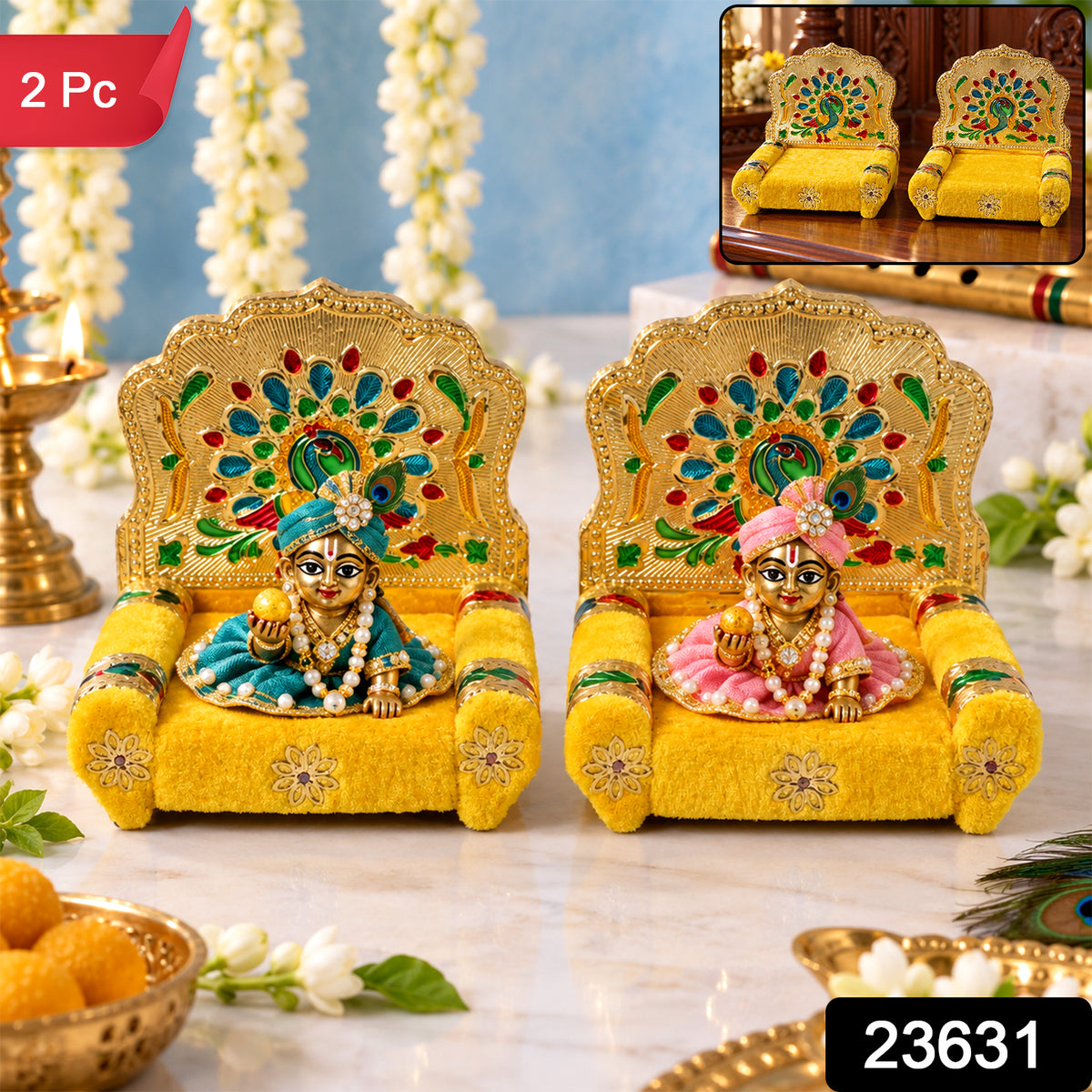 Yellow Laddu Gopal singhasan with peacock handwork design 2