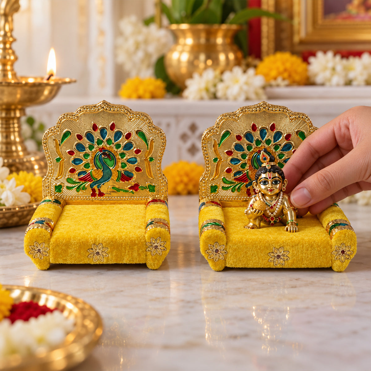 Yellow Laddu Gopal singhasan with peacock handwork design 3