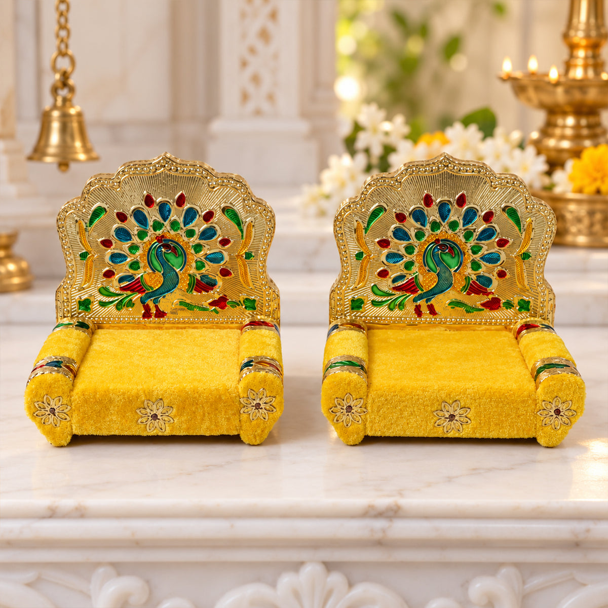 Yellow Laddu Gopal singhasan with peacock handwork design 4