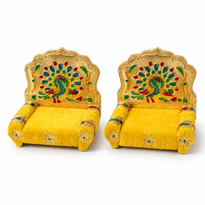 Yellow Laddu Gopal singhasan with peacock handwork design 5