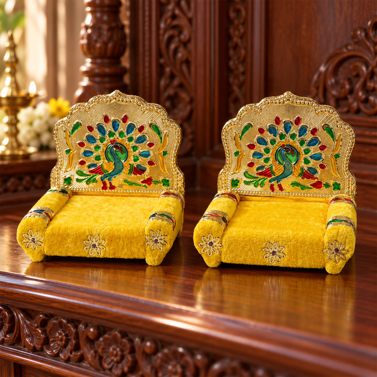 Yellow Laddu Gopal singhasan with peacock handwork design 7