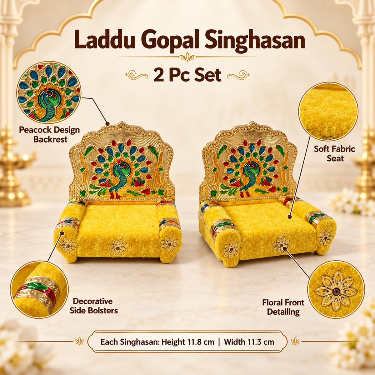 Yellow Laddu Gopal singhasan with peacock handwork design 8