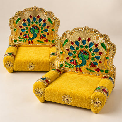 Yellow Laddu Gopal singhasan with peacock handwork design 9