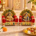 Red Handwork Laddu Gopal Singhasan with Peacock Design for Pooja (2 Pc Set)