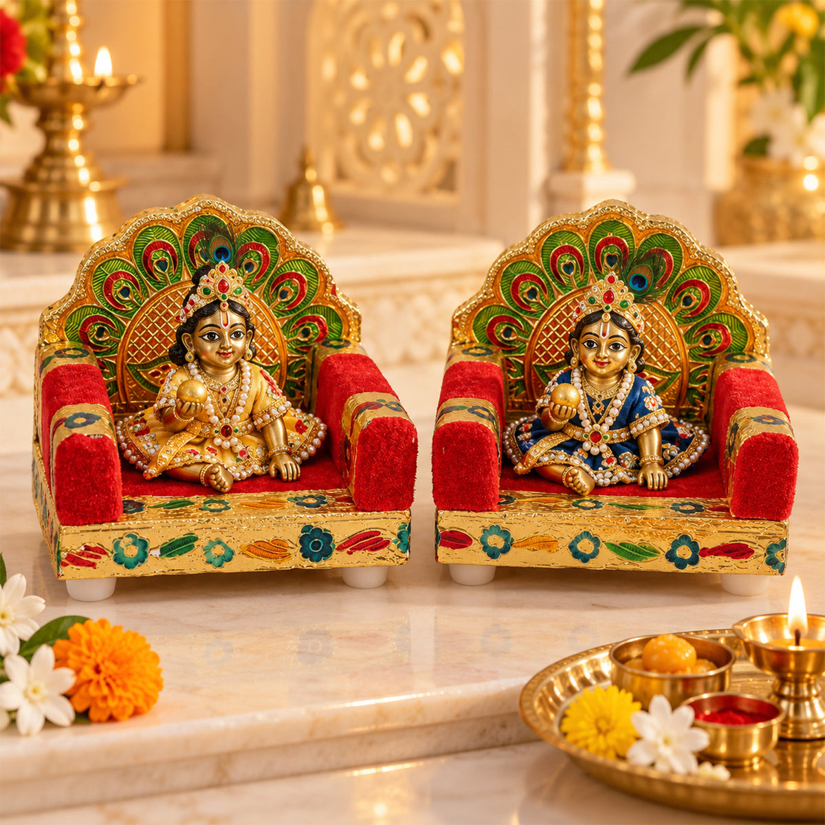 Red handwork Laddu Gopal singhasan peacock design two piece set 01