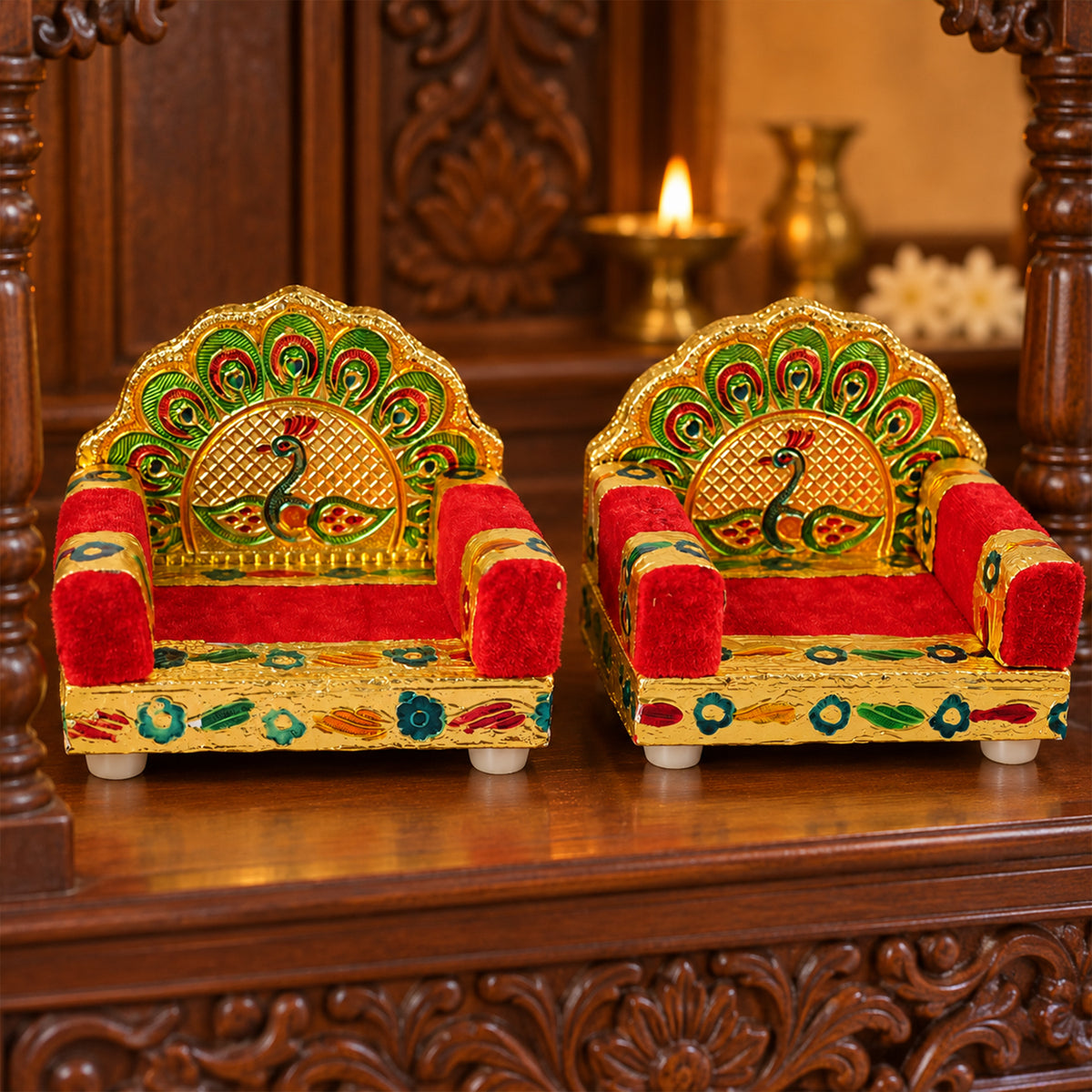 Red handwork Laddu Gopal singhasan peacock design two piece set 02