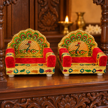 Red handwork Laddu Gopal singhasan peacock design two piece set 02