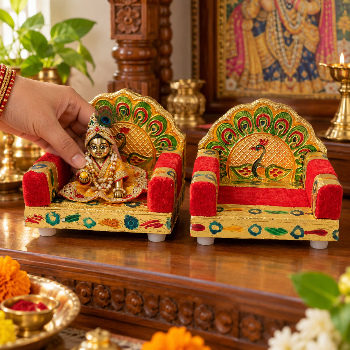 Red handwork Laddu Gopal singhasan peacock design two piece set 03
