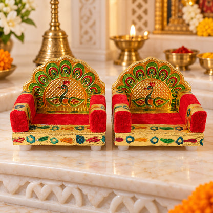 Red handwork Laddu Gopal singhasan peacock design two piece set 04