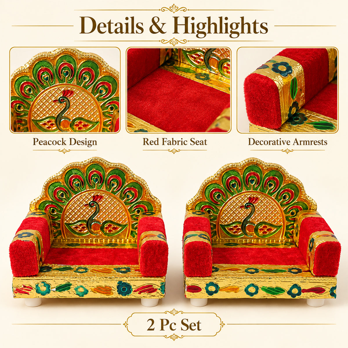 Red handwork Laddu Gopal singhasan peacock design two piece set 06