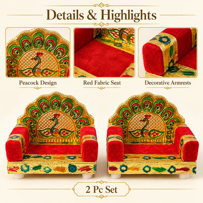 Red handwork Laddu Gopal singhasan peacock design two piece set 06