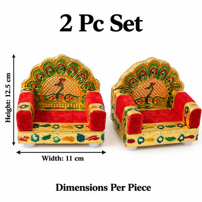 Red handwork Laddu Gopal singhasan peacock design two piece set 07
