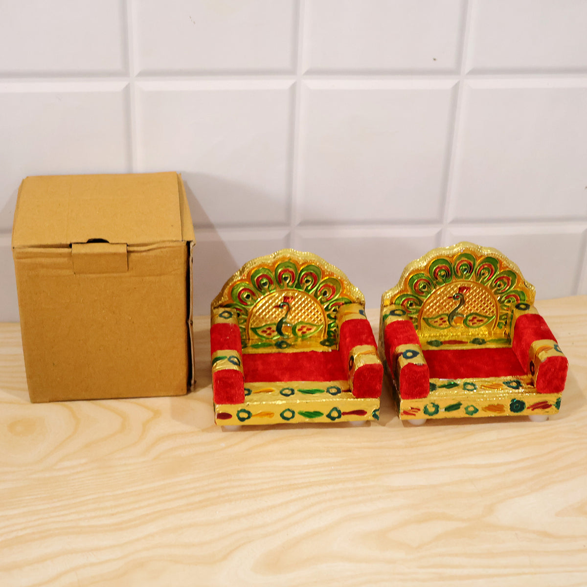 Red handwork Laddu Gopal singhasan peacock design two piece set 09