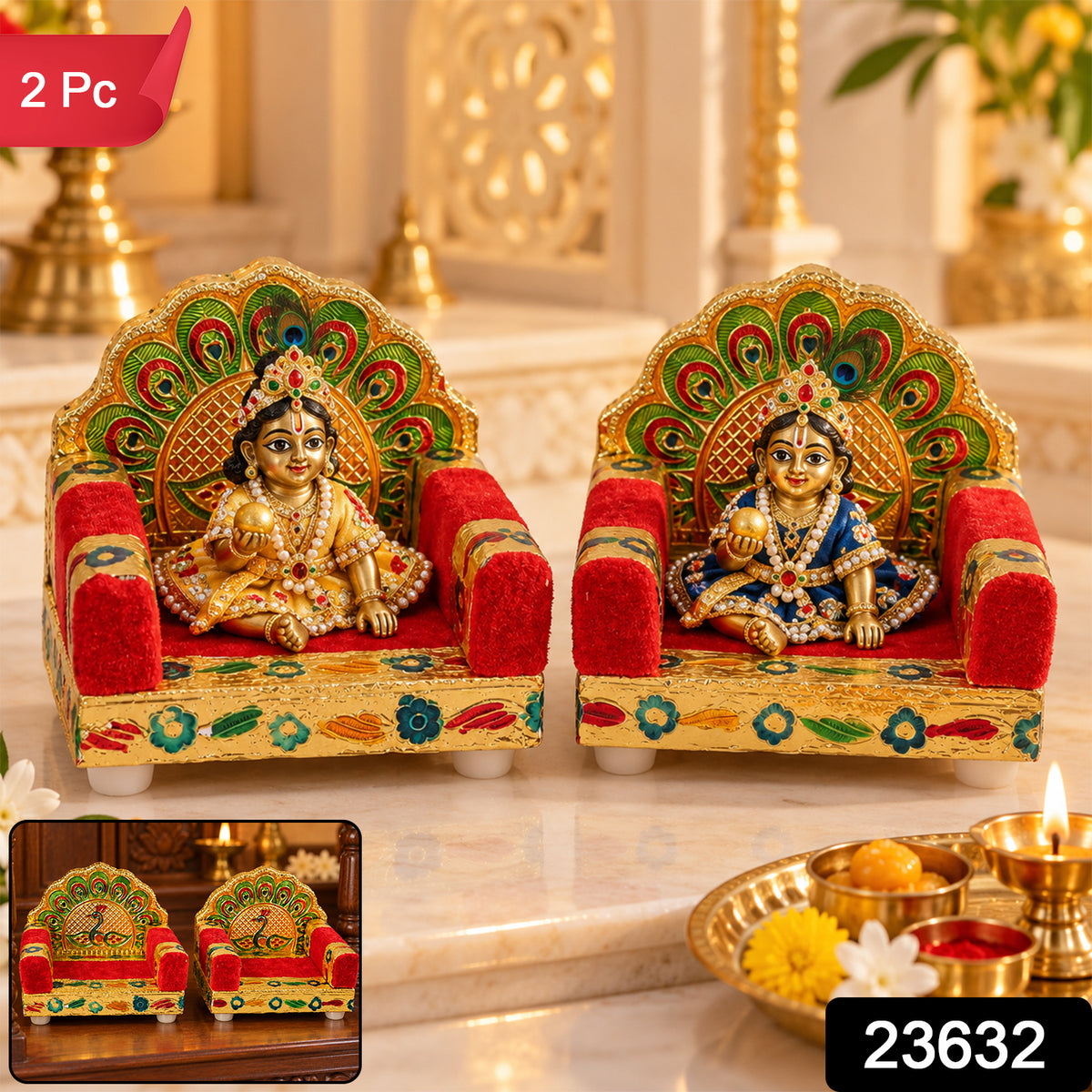 Red handwork Laddu Gopal singhasan peacock design two piece set sku