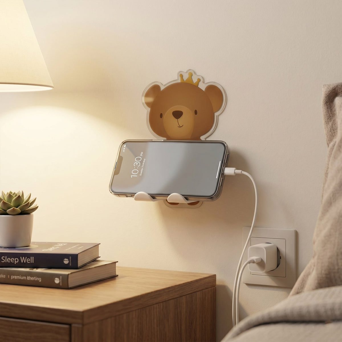 Wall-mounted mobile stand supporting most smartphone sizes for charging