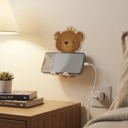 Wall-mounted mobile stand supporting most smartphone sizes for charging